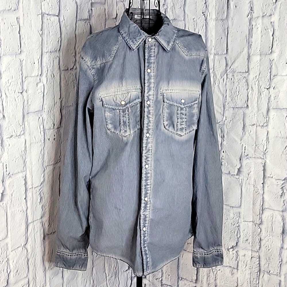 SILVER JEANS Pearl Button Up Blue Striped Western Denim Shirt Petite‎ Small